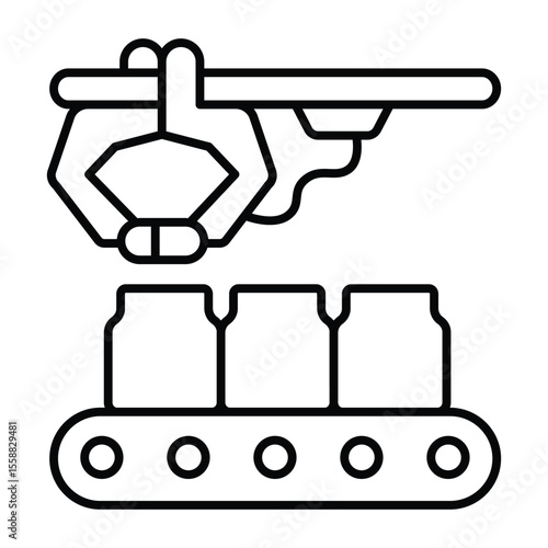 Robotic arm and conveyor with jars thin line icon, pharmacy concept. Vector graphics. Conveyor for medicine production sign on white background, style mobile or design.