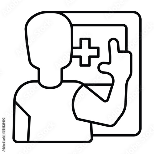 Customer man with medical machine thin line icon, pharmacy concept. Vector graphics. Man with touch screen and medical cross sign on white background, style mobile or design.