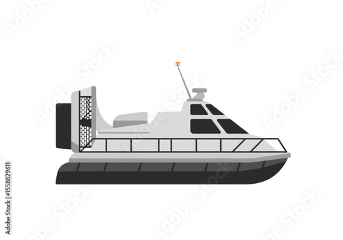 A gray hovercraft featuring a fan at the back and a small antenna on top