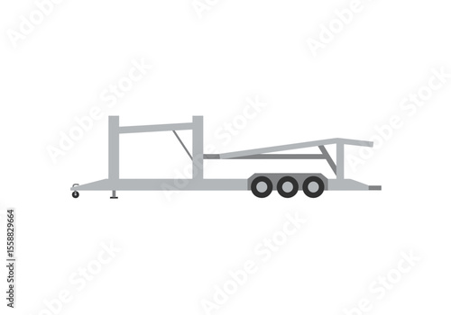 A gray trailer with three wheels and a ramplike structure is depicted against a white background