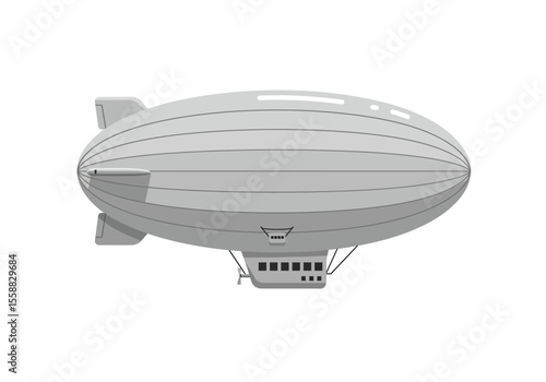 A grayscale cartoonstyle dirigible airship with a passenger gondola below