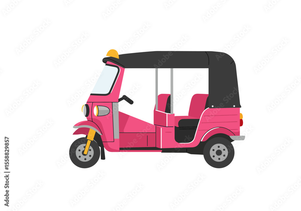 Obraz premium A pink tuktuk with a black roof and yellow light stands isolated