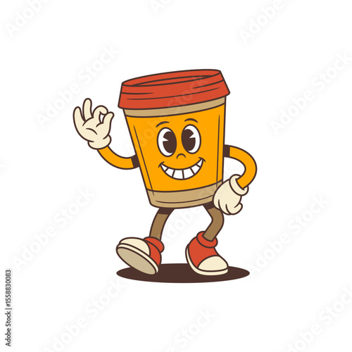 Funny orange coffee cup mascot with red lid and sneakers smiling brightly while showing OK hand gesture, standing confidently on white background, vector illustration