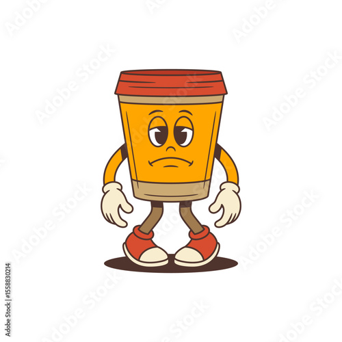 Unhappy orange takeaway coffee cup mascot with red lid looking down sadly with arms lowered. Suitable for emotional branding, posters, or cafe-themed content. Vector illustration