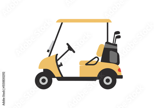 A tan golf cart features black tires a golf bag and a steering wheel on a white background