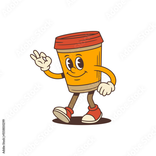 Cheerful coffee cup character with a red lid in retro cartoon style showing an OK sign. Suitable for branding, advertising, logo design, and social media promotion. Vector illustration