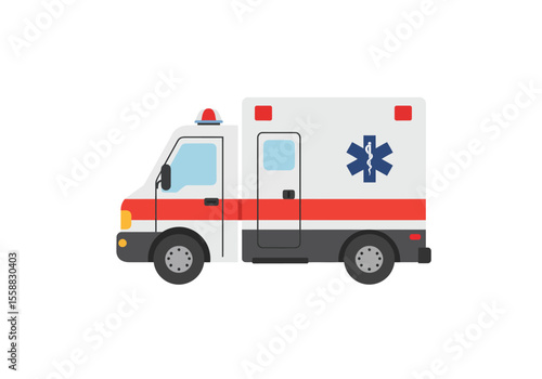 A white ambulance features a red stripe blue medical star gray tires and a red dome light on a white background