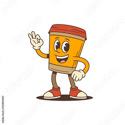 Smiling takeaway coffee cup mascot character showing OK gesture in old-school cartoon style. Ideal for cafe branding, packaging, social media content. Isolated and editable vector illustration
