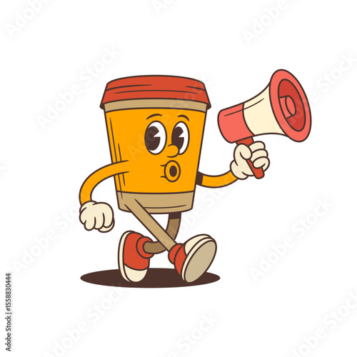 Dynamic coffee cup mascot holding a megaphone conveys excitement and urgency. Ideal for marketing campaigns, social media, cafe branding, and promotional events. Retro cartoon vibe vector illustration