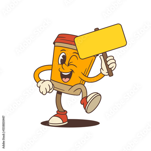 Energetic coffee mascot with a bold smile and blank sign ready for any promo message. Great for coffee shop branding, social ads, menu designs, and packaging. Fully editable vector illustration