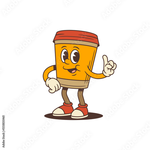 Confident coffee cup mascot with expressive eyes and a raised finger gesture adds charm and personality to branding, cafe menus, ads, packaging, and digital projects. Cartoon style vector illustration
