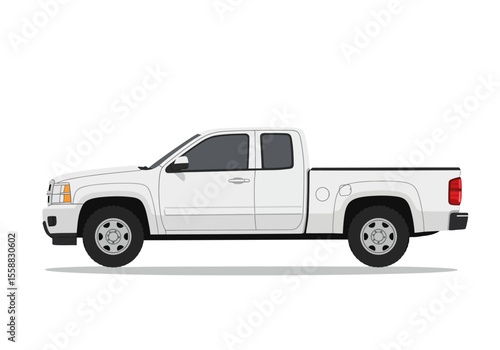 A white pickup truck is shown in side view against a white background