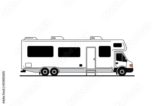 A white RV with black windows tires and details on a white background