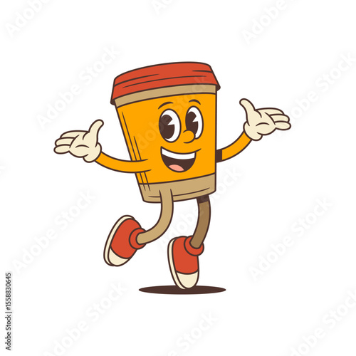 Coffee cup character in dynamic mid-step pose with thumbs-up and open hand welcoming gesture. Ideal for branding, advertising, and social media projects seeking energetic, playful, and friendly vibes