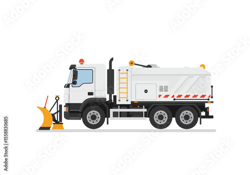 A white sanitation truck with a snow plow and street sweeper