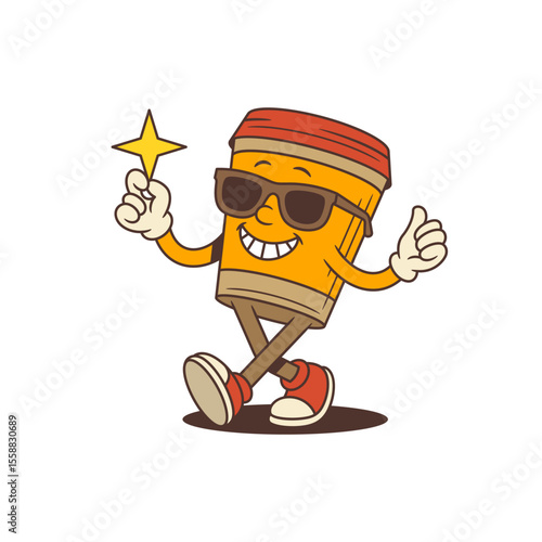 Stylish coffee mascot with sunglasses and wide grin stands on one leg, holding a star and giving a thumbs-up. Ideal for cafe branding, fun advertising, and energetic digital content