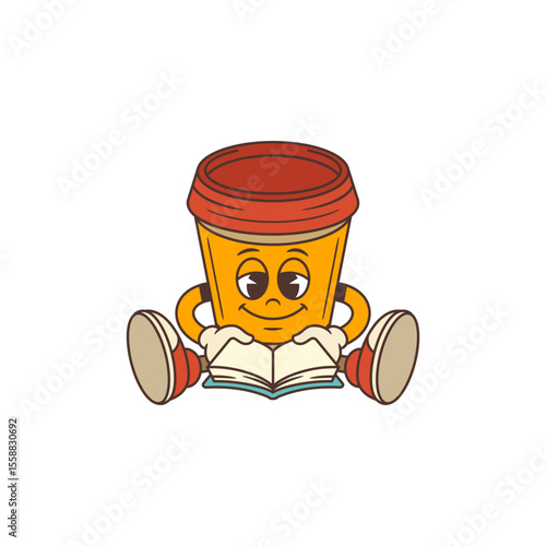 Coffee cup character sitting, holding an open book with a joyful and curious expression. Ideal for education, marketing, and social media projects that emphasize learning and friendly engagement