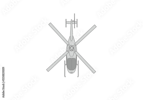 Aerial view of a lightgray helicopter with rotor blades forming an X shape