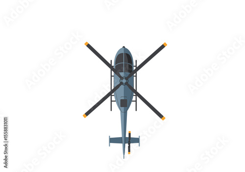 Aerial view of a helicopter with prominent rotor blades and tail rotor