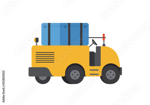An airport tug yellow with blue luggage is on a white background
