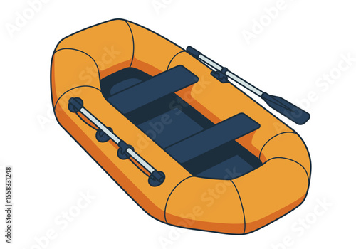 An orange inflatable raft with navy blue seating and two oars visible angled slightly