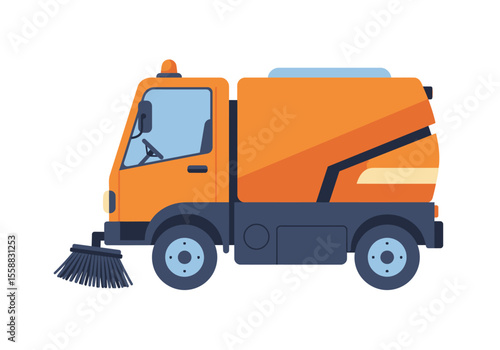 An orange street sweeper truck with a dark blue chassis and a large broom