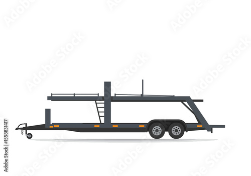 Car trailer is gray with a dual platform for hauling vehicles and includes a ladder for access