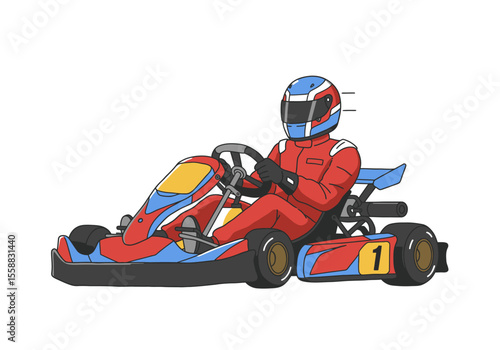 Cartoon depiction of a gokart racer helmeted in a red kart with blue accents and number 1