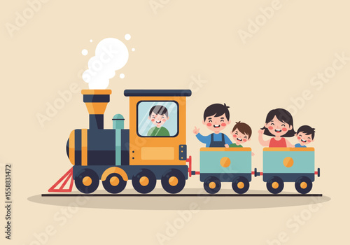 Cartoon train with children and a driver stylized colorful and whimsical