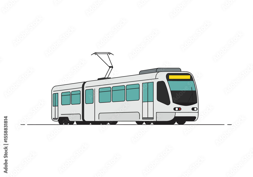 Fototapeta premium Gray tramstreetcar with blue windows and a yellow band on a white background
