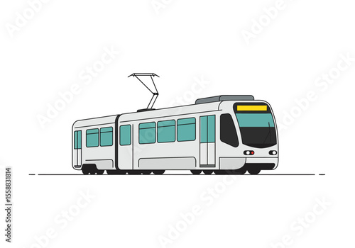 Gray tramstreetcar with blue windows and a yellow band on a white background