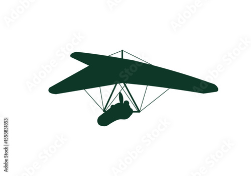 Green hang glider silhouette with pilot seen from below against a white background