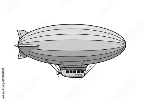 Grey airship with windows and propeller hangs suspended outlined in black on a white background