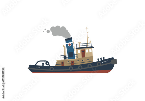 Illustration of a blue and tan tugboat with gray smoke coming from its stack