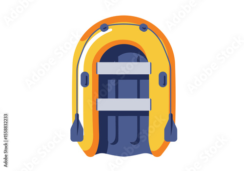Topdown view of an inflatable yellow raft with blue interior and oars