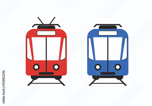 Two simplified train front views in red and blue with black details on a white background