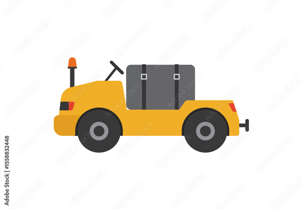 Yellow airport baggage carrier with a suitcase atop on a white background Yellow airport baggage carrier with a suitcase atop on a white background