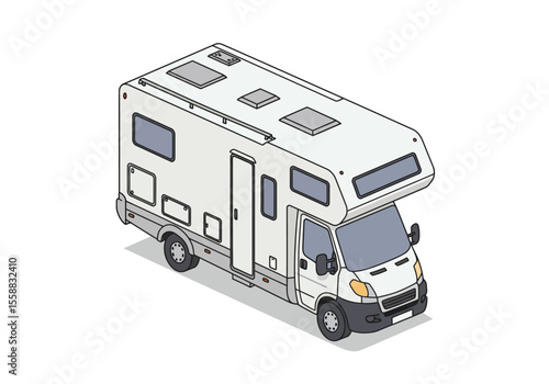 White recreational vehicle with roof vents visible windows door and dual wheels parked on a white background