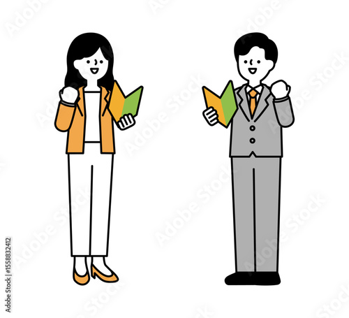 初心者マークを持ってガッツポーズをするビジネスパーソンの全身イラスト素材