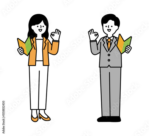 初心者マークを持ってポジティブなポーズをとるビジネスパーソンの全身イラスト素材