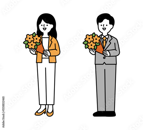 花束を持っている笑顔のビジネスパーソンの全身イラスト素材