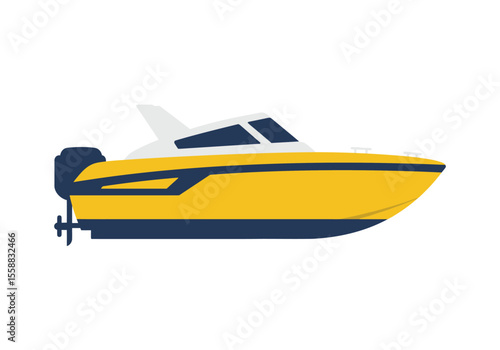 Yellow boat with white cabin blue hull