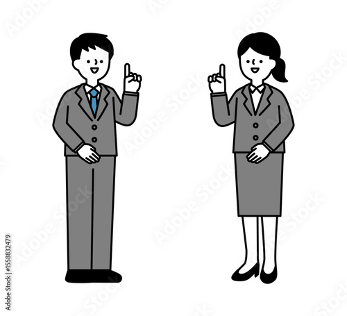 笑顔で説明しているビジネスパーソンのシンプルな全身イラスト素材
