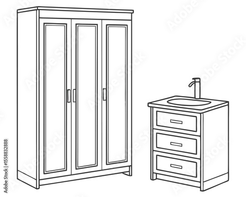 Vector art of a wardrobe and a bathroom sink isolated on white background