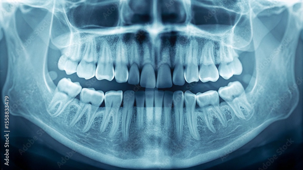 A panoramic dental X-ray revealing a complete view of the adult human teeth, jawbones, and surrounding structures, ideal for illustrating dental health, diagnostics, and orthodontic concepts A panoramic dental X-ray revealing a complete view of the adult human teeth, jawbones, and surrounding structures, ideal for illustrating dental health, diagnostics, and orthodontic concepts