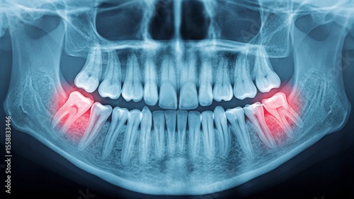 Frontal view of a human dental panoramic radiograph, clearly showing the upper and lower arches with inflamed or impacted wisdom teeth highlighted
