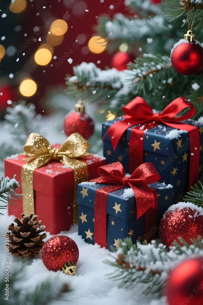 Christmas Gifts with Ribbons Under Snowy Tree Christmas Gifts with Ribbons Under Snowy Tree