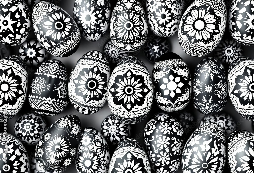 Black and white vertical seamless pattern of traditional Hutsul pysanky Easter eggs with geometric folk art designs, design, art Black and white vertical seamless pattern of traditional Hutsul pysanky Easter eggs with geometric folk art designs, design, art