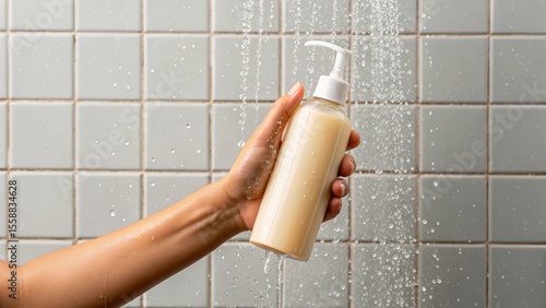 A hand holding a pump bottle of shampoo or conditioner under a steady stream of shower water, against a background of gray tiled walls. Ideal for themes of personal hygiene, hair care