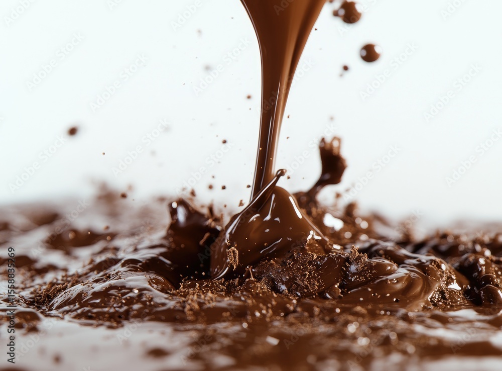 Fototapeta premium Melted chocolate pouring and splashing, creating dynamic texture and rich brown color.